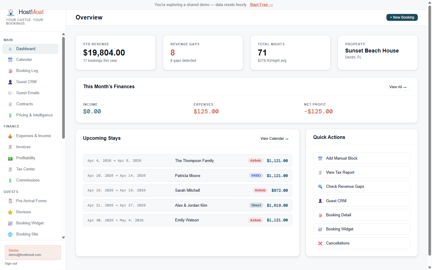 HostMoat dashboard showing calendar, revenue stats, and upcoming bookings
